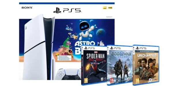 PlayStation 5 con Astro Bot + Spider-Man Miles Morales + God Of War Ragnarok + UNCHARTED: Colección Legado de los Ladrones